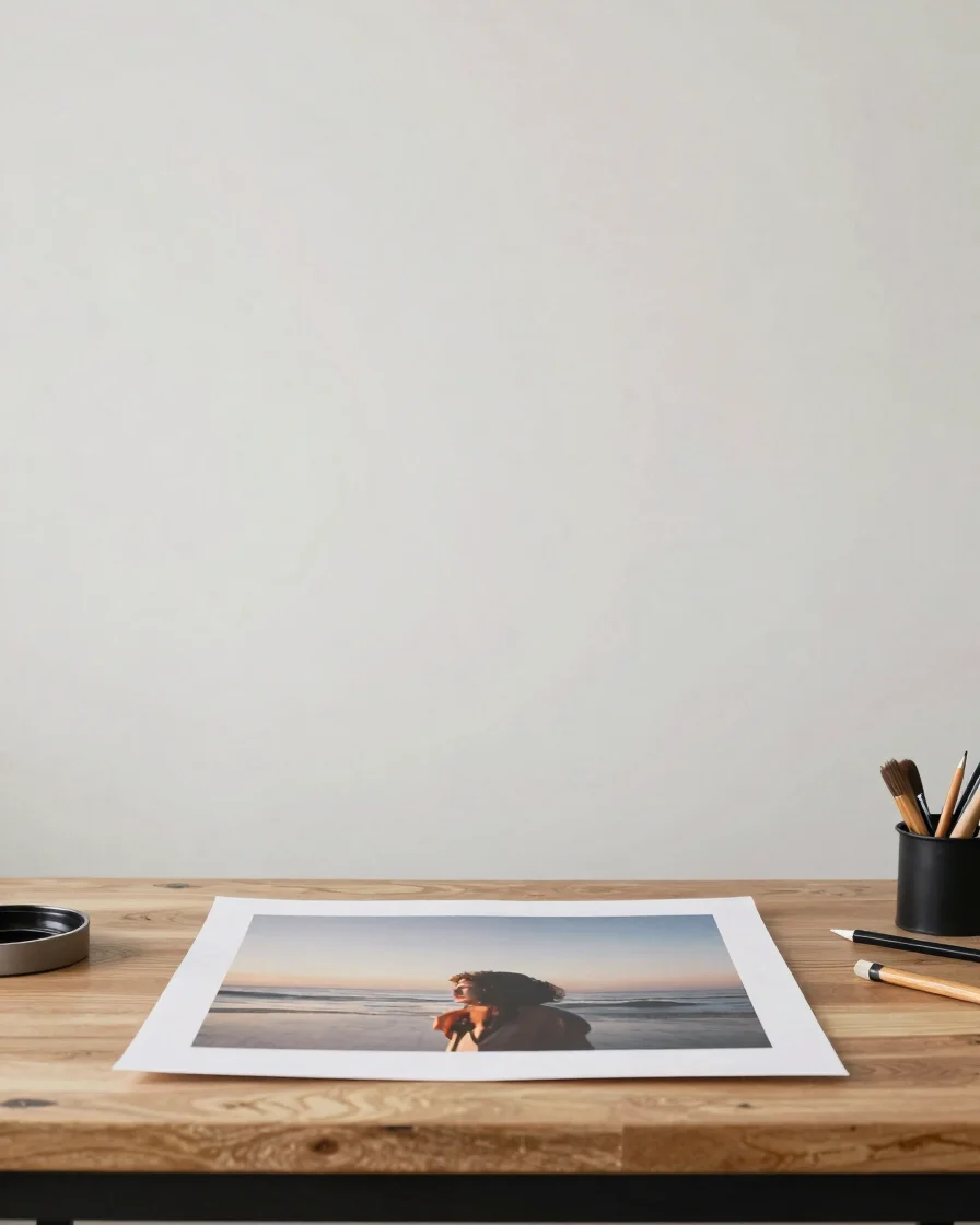 Quiet studio-style detail of a retoucher's desk with a photograph under even soft light, neutral tones, clean framing, h